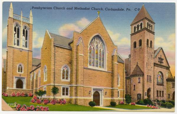 Illustration showing two churches side by side. The Presbyterian church is constructed in a Gothic style with a square bell tower.