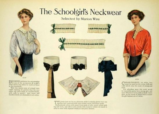 Magazine illustrations of two young women; one wears a white shirtwaist; the other wears red. Displayed between them are different styles of collars and cuffs to go with either shirtwaist.