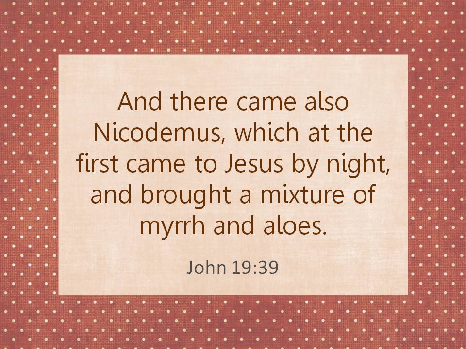 And there came also Nicodemus, which at the first came to Jesus by night, and brought a mixture of myrrh and aloes. John 19:39.