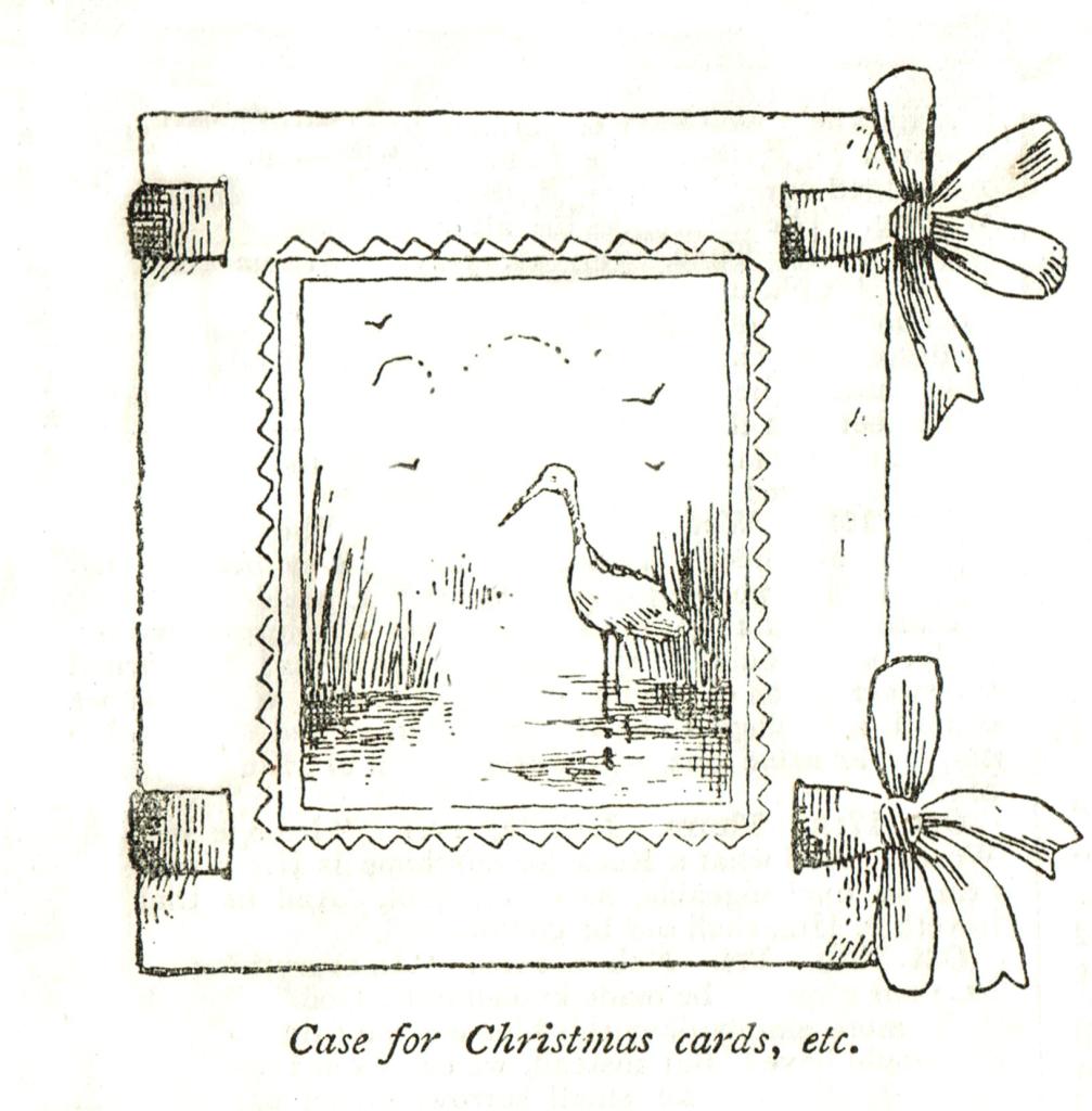 Drawing of a "case for Christmas cards." Made of square cardboard, it has a photo pasted in the center. It is bound on the left with pieces of ribbon and tied on the right to keep it closed.