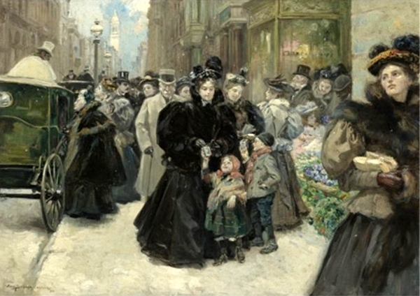 Illustration of crowds of shoppers on Fifth Avenue in New York in 1895. 