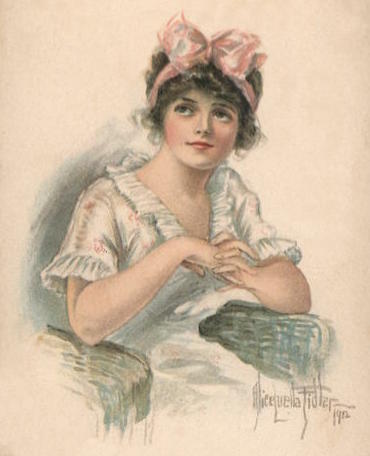 1912 illustration of young woman sitting in chair. Her hands are clasped together in front of her and she is looking up, as if thinking about or remembering something. 