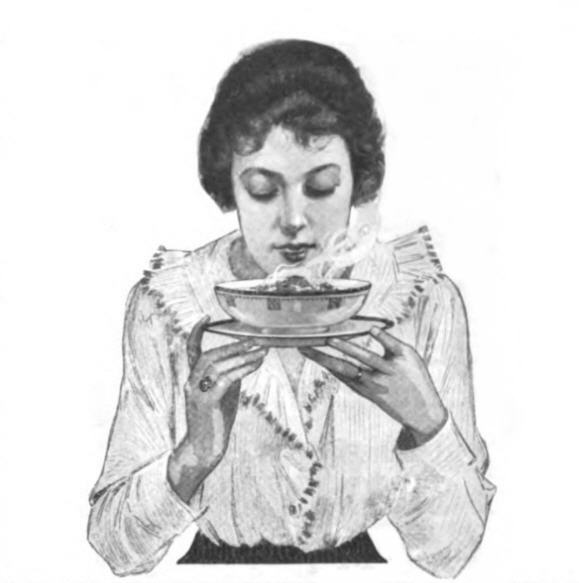 Illustration of a young woman about 1918. She is holding a bowl on a saucer just below her nose as if she is enjoying the smell of the contents.