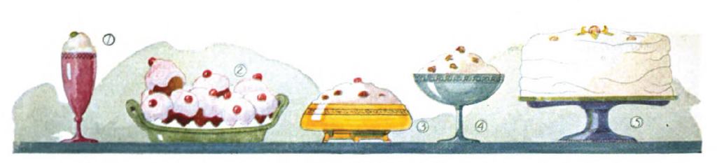 Illustration of different desserts: A sundae in a tall glass, cupcakes, a merangue, and a cake.