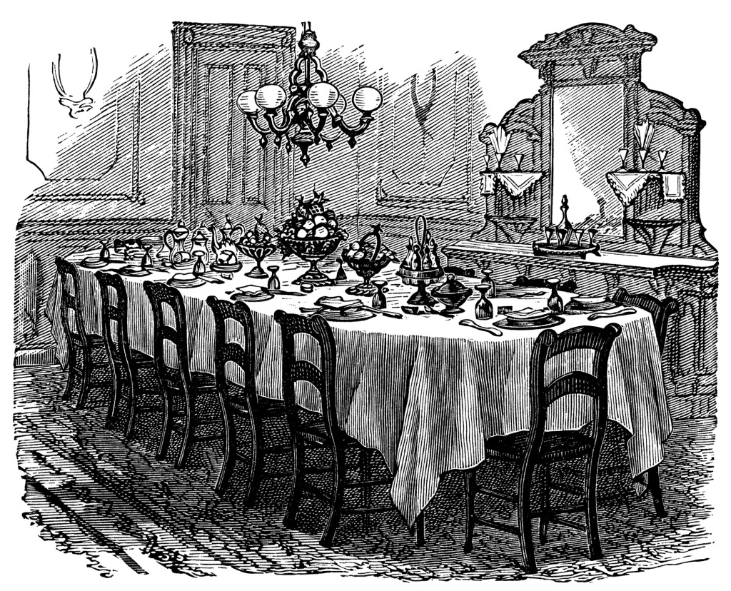 Illustration of a dining room with a table for 12. The table is covered with a white tablecloth. Each place is set with plate, silverware, glasses and napkins. In the center are large bowls of fruits, a cruet, and a coffee service.