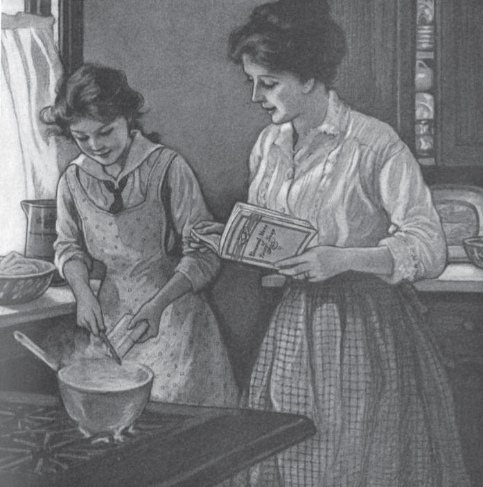 Illustration from about 1918. A mother and daughter are in the kitchen standing side-by-side at the stove. The mother is reading from a cookbook while the daughter adds ingredients to a pot on the stove.