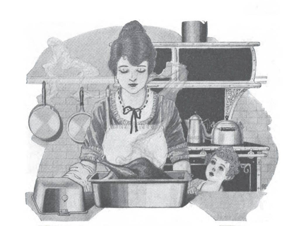 Illustration from about 1912. A woman is in her kitchen looking down on a turkey in a roasting pas she has just taken from the oven.