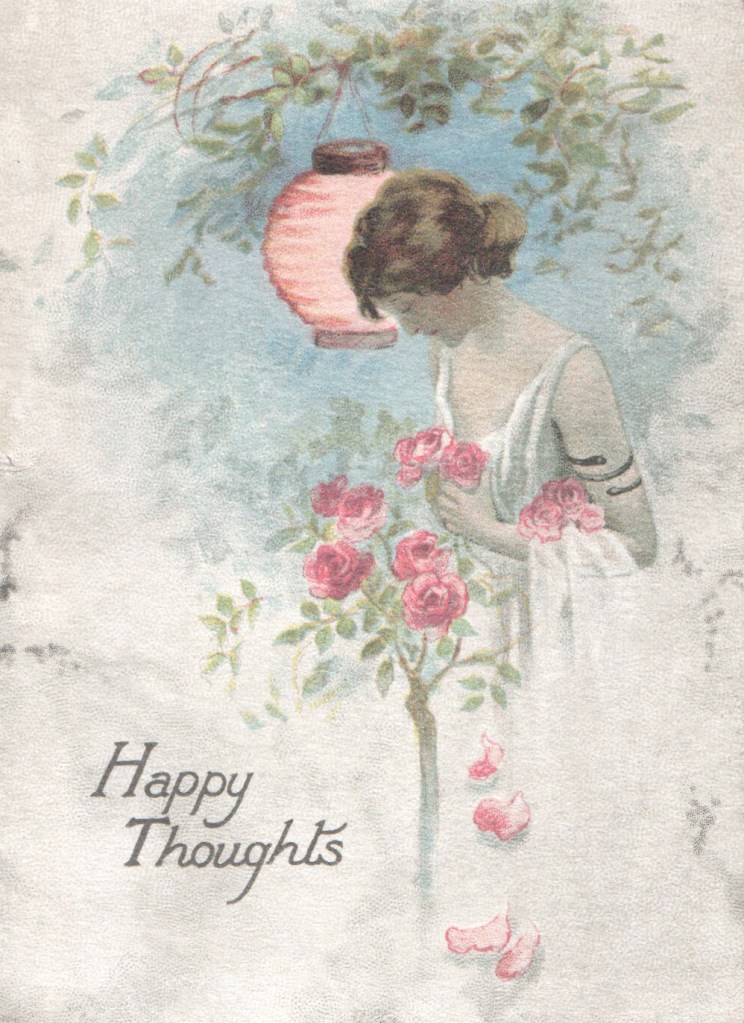 Greeting card with illustration of woman gathering pink roses from a bush while a pink paper lantern hangs from a branch of the tree behind her.