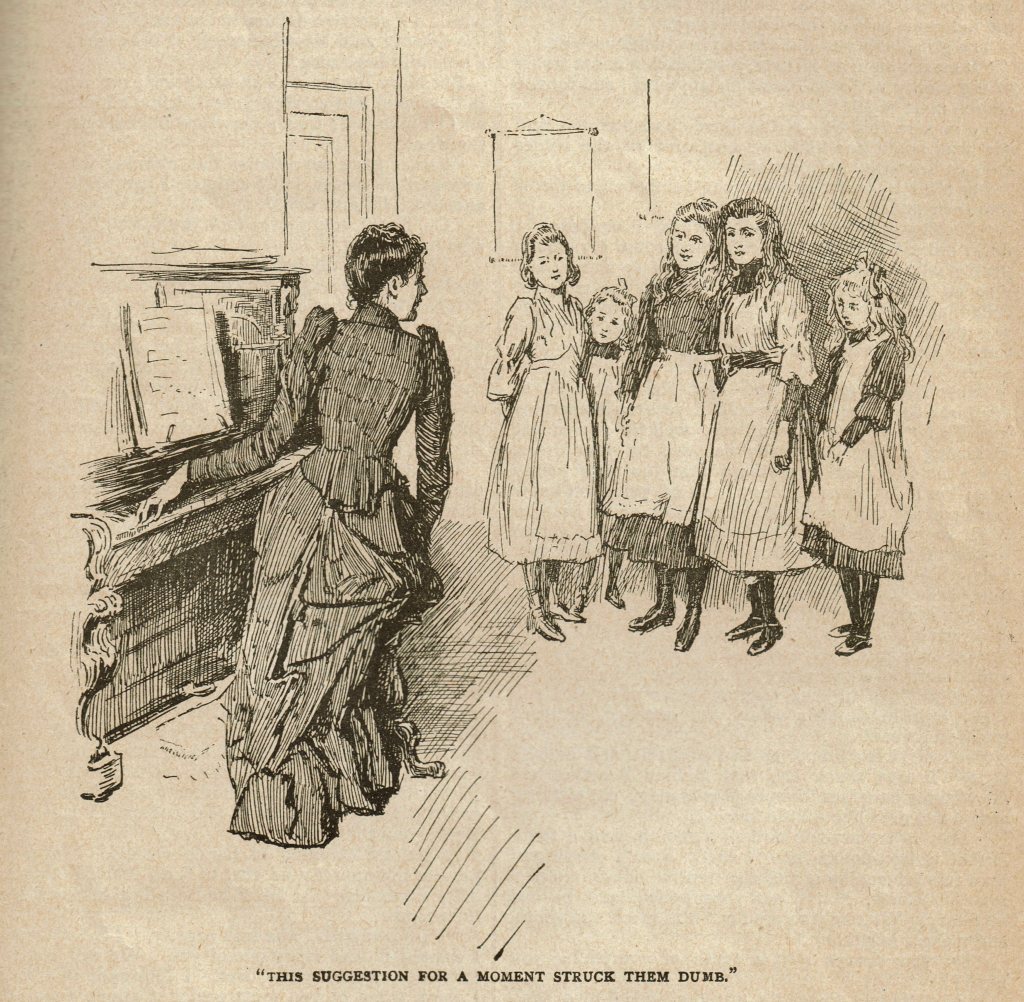 Illustration of Claire seated as the piano, one hand on the keyboard, but she has turned slightly to face five girls who are standing nearby. Caption: "This suggestion for a moment struck them dumb."