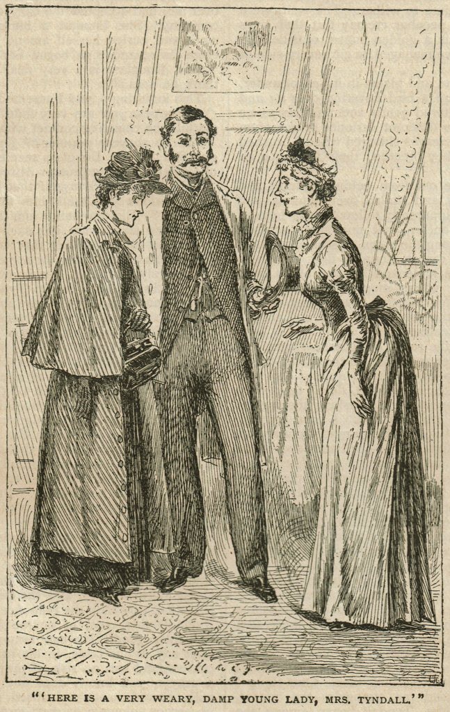 Illustration of a man in 1890s clothing introducing a young woman wearing cape and bonnet to an older woman who is wearing a fashionable gown and a cap. 