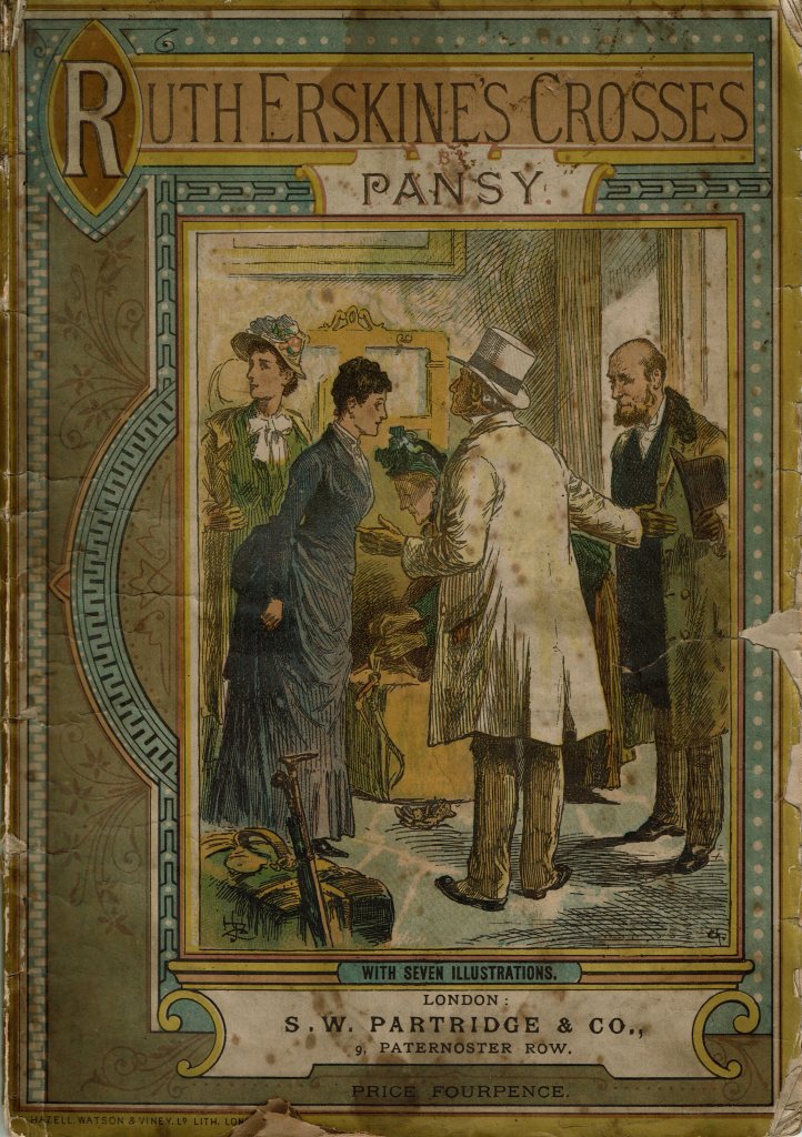 Cover of Ruth Erskine's Crosses. Printed in color with Victorian-era borders and flourishes. A central illustration shows an older man in coat and hat introducing a young woman to an older man who is in the process of removing his hat. In the background are two other women. One is removing her coat while the other unties the cords on a large box. 