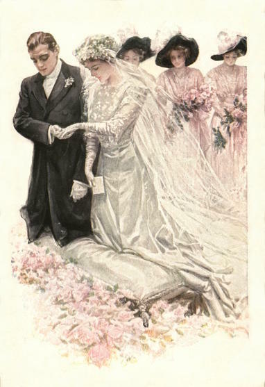 Image of bride and groom holding hands as they kneel in church about 1905. Behind them are three bridesmaids dressed in pink gowns and holding bouquets of pink flowers.