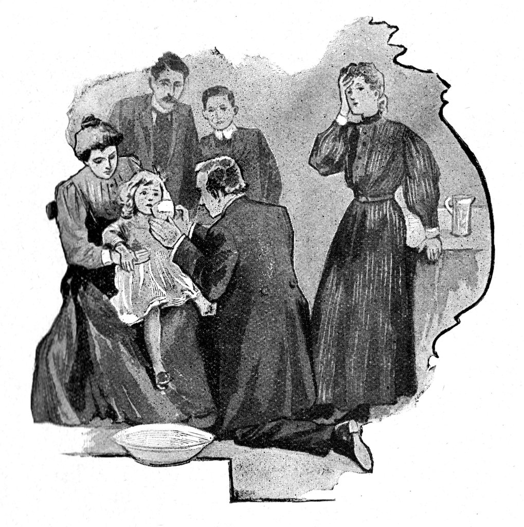 Victorian era illustration of a seated woman holding a little girl in her lap. Before them kneels a doctor who holds a cup to the child's lips. In the background stand worried family members.
