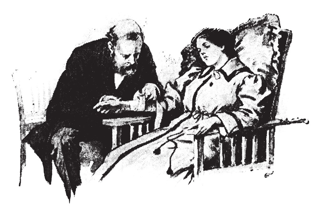 Vintage illustration of a doctor wrapping a bandage around a woman's arm as she rests in a chair with a pillow behind her.