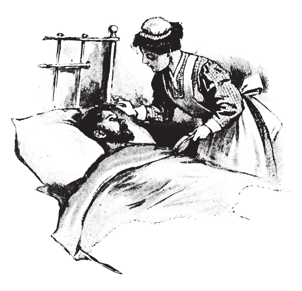 Vintage illustration of man in bed. a woman in nursing cap and apron stands beside him, combing his hair from his forehead while holding a mirror out for him to see.