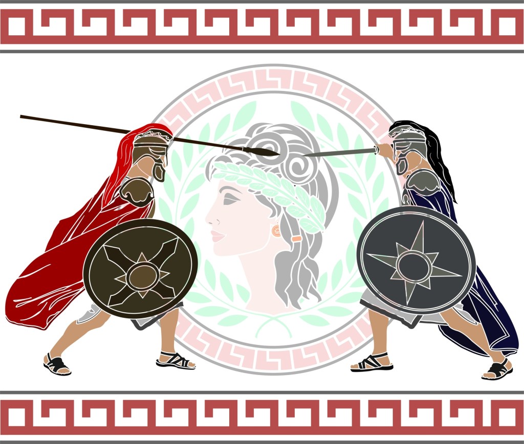 Illustration of two Trojan soldiers fighting. Both wear casques and capes,, and carry shields. Behind them is a portrait of Helen of Troy.