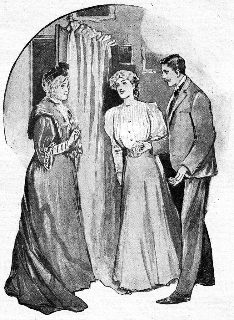 Illustration of a young man and young woman speaking to an elderly woman.
