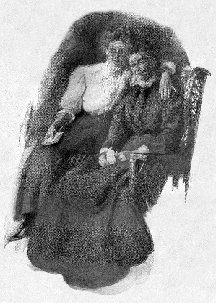 Illustration of elderly woman sitting in a chair. A younger woman sits upon the arm of the chair, with one of her arms wrapped around the elderly woman's shoulders.