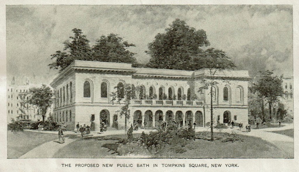 An 1897 design illustration for a New York public bath house. The stone building is two stories tall with a colonnade on the first floor and a balcony on the second. Both floors have several floor-to-ceiling windows.