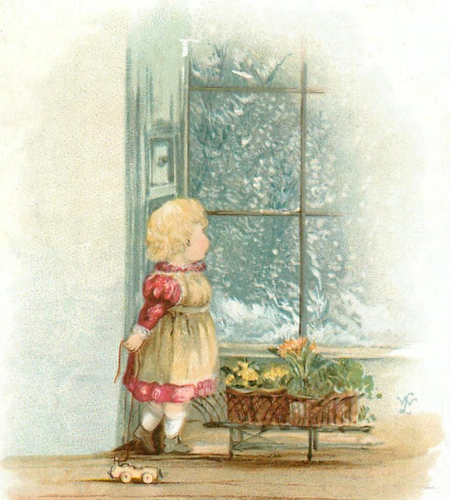 Illustration of a little girl wearing a red dress and brown pinafore, stockings and boots. In her hand she holds the pull string for a toy wooden toy cart on wheels. She stands beside a basket of plants at a window, where frost and snow flakes have covered the outside of the window.