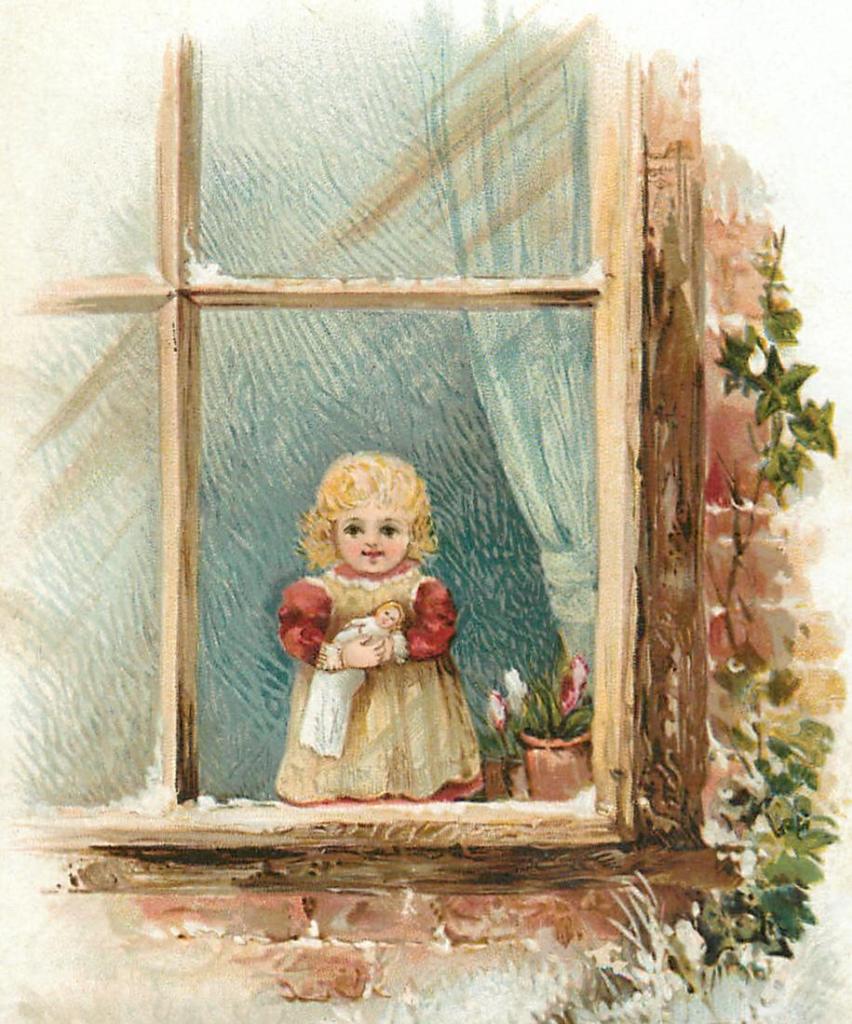 Illustration of a little girl holding a doll looking out a frosty window.