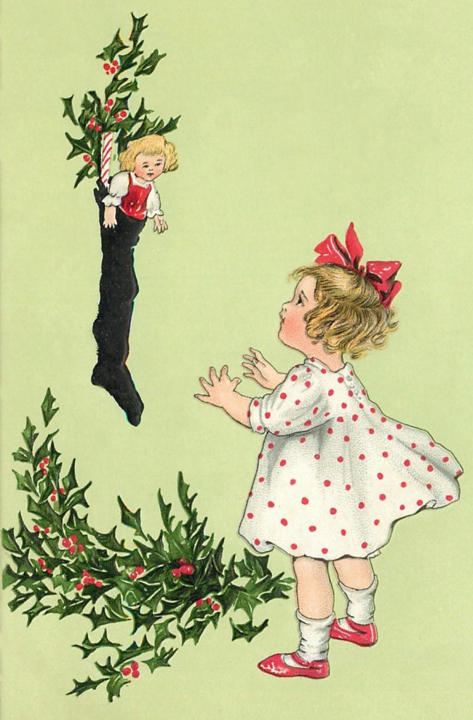 Illustration of little girl in red polka dot dress and red hair bow looking up at a stocking hanging from above. The stocking holds a sprig of holly, a long peppermint stick and a doll with short blonde hair and a red tunic over a white blouse.