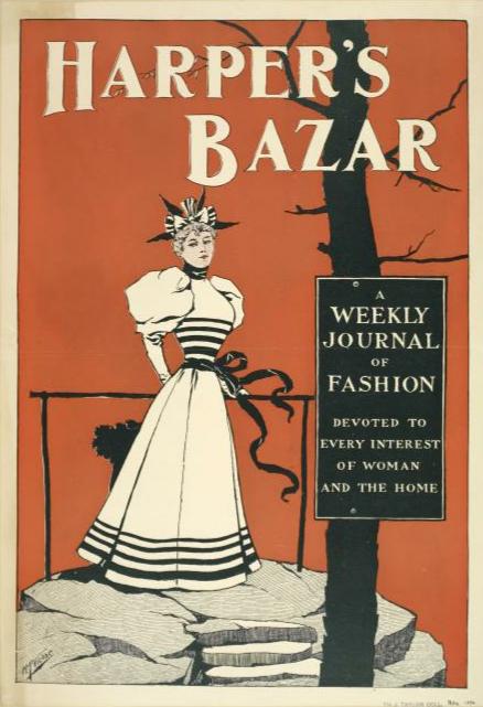 Illustrated cover of Harper's Bazar shows a woman in a white gown with black horizontal stripes at waist and hem. She wears a black and white fascinator-style bonnet. She stands at a metal railing atop a rock lookout. A text box reads, "A weekly journal of fashion devoted to every interest of woman and the home."