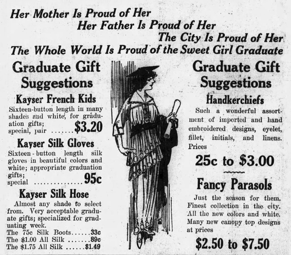 HER MOTHER IS PROUD OF HER. HER FATHER IS PROUD OF HER. THE CITY IS PROUD OF HER. THE WHOLE WORLD IS PROUD OF THE SWEET GIRL GRADUATE. Graduate Gift Suggestions. Kayser French Kids, Kayser Silk Gloves, Kayser Silk Hose, Handkerchiefs, Fancy Parasols