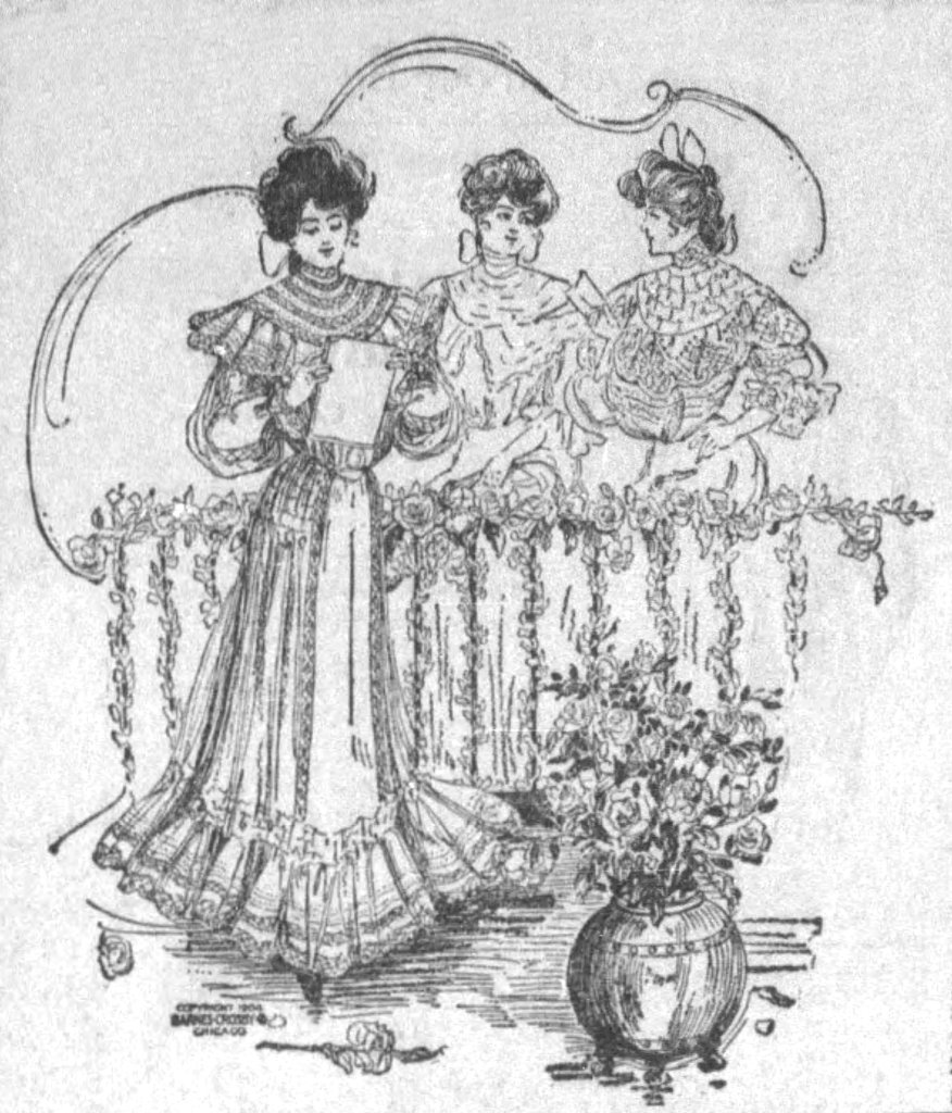 Black and white illustration of three young women. All are dressed in clothing from 1904, with high necklines, long, full sleeves, and floor-length skirts. One stands in the foreground, holding a piece of paper. Behind her is a waist-high trellis of roses. Behind the trellis stand the other two girls, one of whom is holding a piece of paper. In front of them on the floor is a large vase filled with roses. 