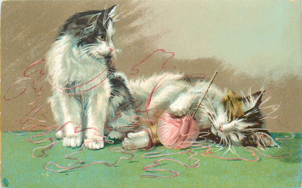 Illustration of two kittens playing with a ball of yarn, which they  have partially unrolled and have wrapped strings of yarn around themselves.