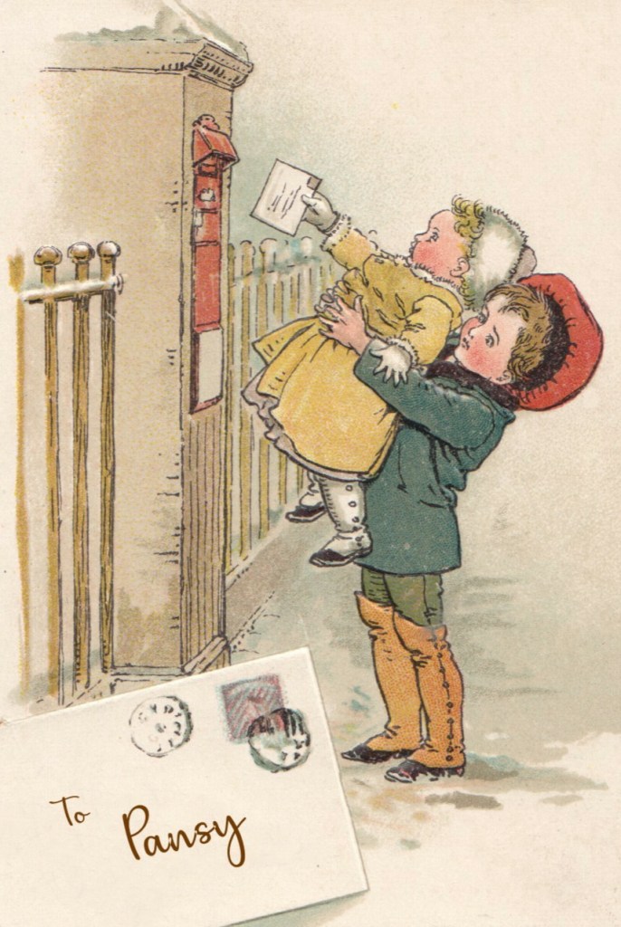 A little boy picks up a little girl up so she can put a letter in a post office mailbox. In the foreground is an envelope addressed "To Pansy"