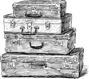 Drawing of a stack of four old suitcases.
