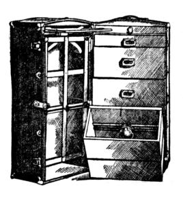 drawing of an old-fashioned steamer wardrobe standing open. On the left side of the wardrobe is a space to hang clothes. On the right is a series of drawers in difference sizes to hold clothing and accesspries.