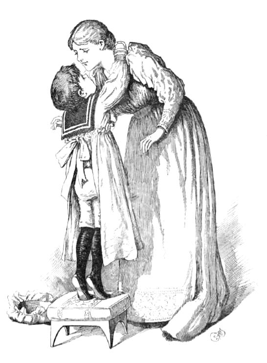 Illustration of a little boy standing on tiptoe on a footstool in order to reach up to wrap his arms around a woman's neck as she bends over him.