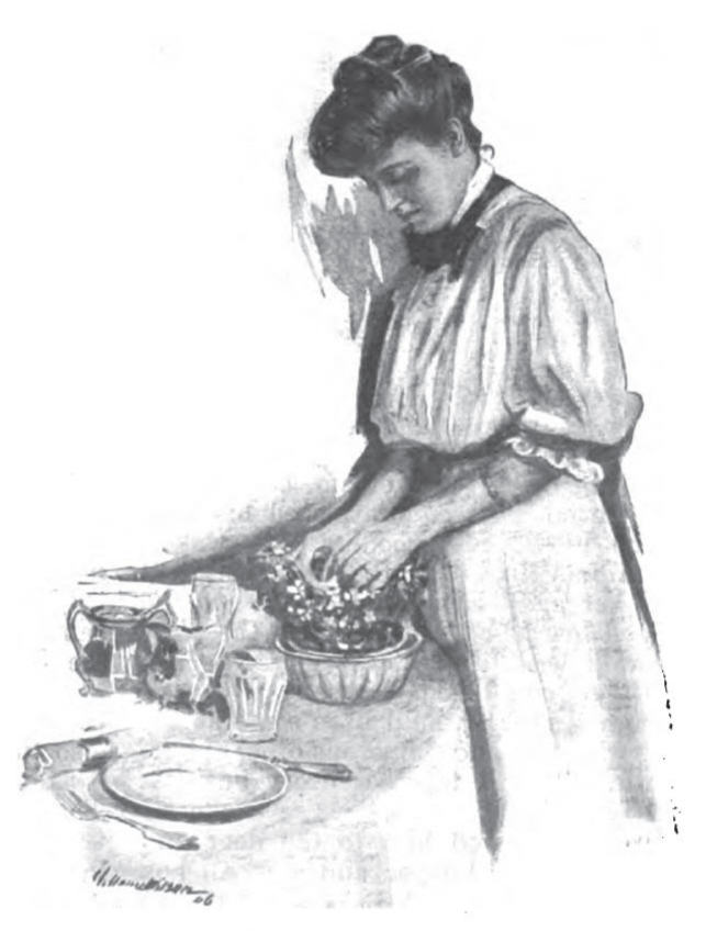Illustration of a woman dressed in a blouse and long skirt from about 1905. She stands at a table she is setting for dinner and arranges flowers in a small bowl.