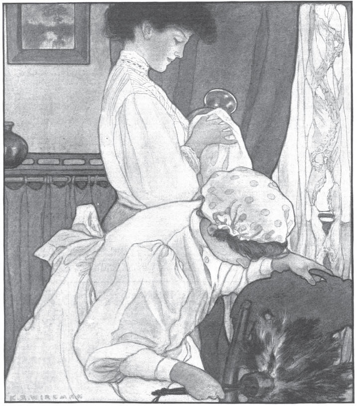 Illustration of two women dressed in clothing from about 1905. One is polishing a small vase. One is wearing a dust cap and uses a feather duster to dust off the back of a wooden chair.