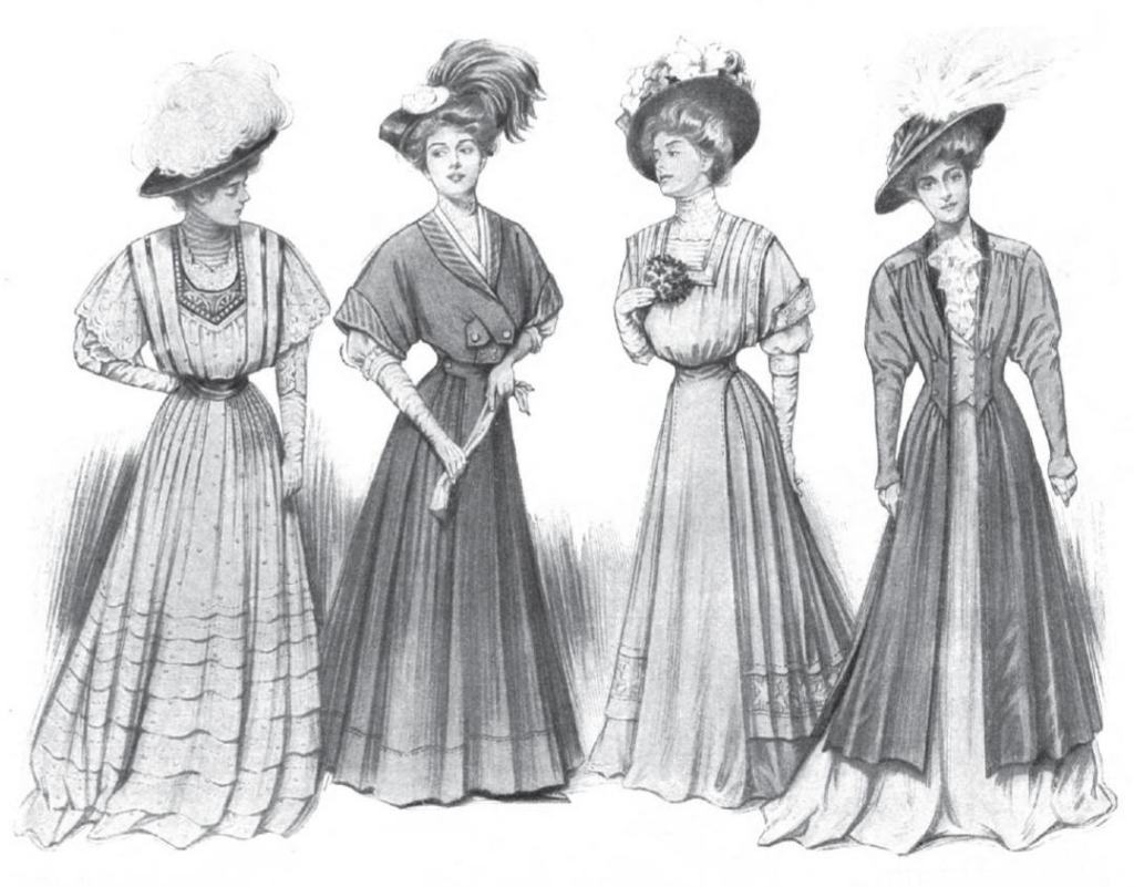 Illustration of four women standing in a line dressed in clothing from about 1905. Each is dressed for going out; one in a long coat, one in a short, waist-length jacket; and two in long-sleeved dresses with high collars. Each wears a wide-brimmed bonnet adorned with different kinds of featheers.