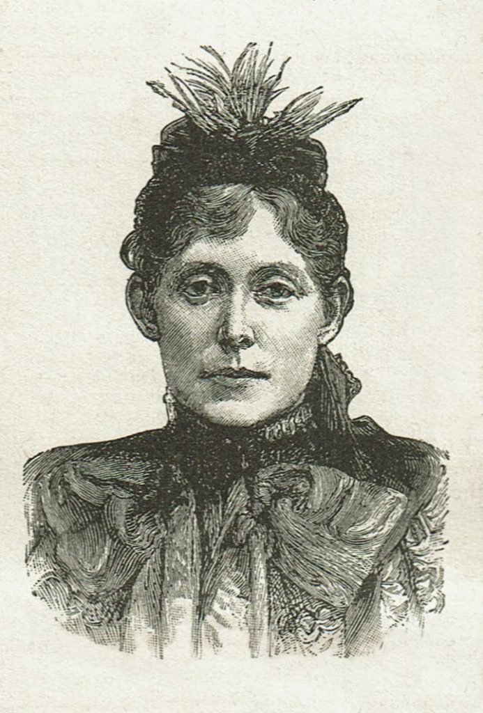 Illustration of a woman's shoulders and heads. She is dressed in a high-neck gown that was in stile about 1895. Her hair is pinned up and on top of her head is a modest pill-box style hat with short feathers stick out from the top.
