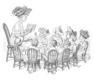 Drawing of a woman and 8 children sitting on wooden chairs in a circle. All are dressed in clothing from about 1900; the woman and girls wear bonnets and dresses; the boys wear little suits. The woman is holding an open book and point to a place on a page. 