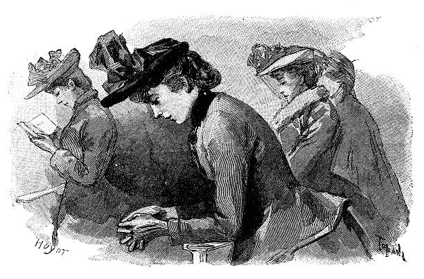 Illustration of four women kneeling in prayer in church. All wear coats and bonnets. One holds an open prayer book.