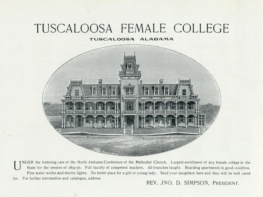 Black and white illustration of a large building, three stories tall built in an ornate Gothic style. The first and second stories have verandas that stretch across the entire front of the building. 