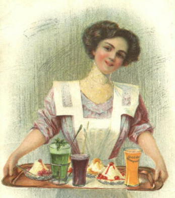 Illustration of smiling young woman wearing an apron and carrying a tray on which are glasses of juice and three plates of desserts.