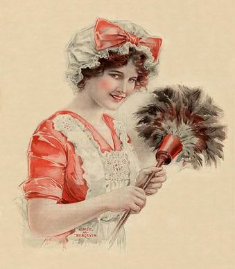 Illustration of young woman wearing a white apron over an orange dress, and a white dusting cap with an orange bow over her hair. She holds a large feather duster. 