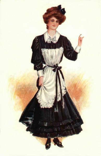 Illustration of a young girl from about 1910. She wears her brown hair up in a loose bun with a large black bow. Her floor-length dress is black with a white collar, cuffs, and a white lace-trimmed apron. 