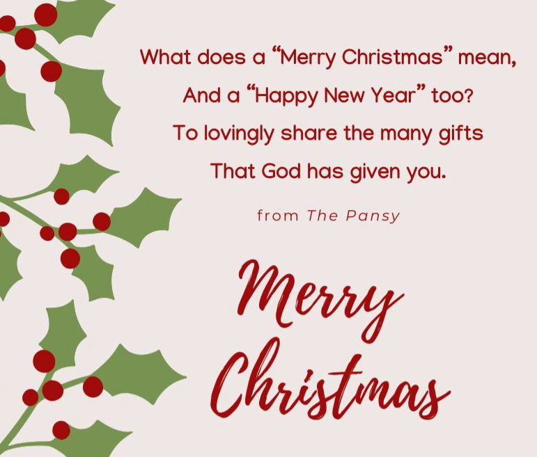 What does a "Merry Christmas" mean,
And a "Happy New Year" too?
To lovingly share the many gifts
That God has Given you.
from The Pansy.
Merry Christmas!