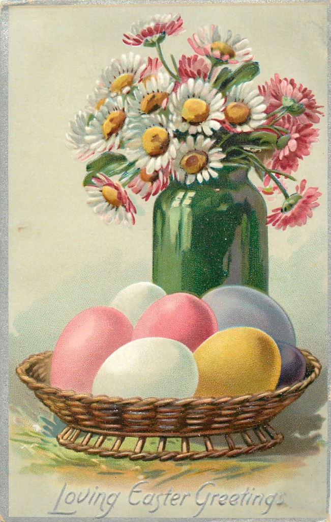 Illustration of a basket of Easter eggs brightly colored in pink, white, yellow and blue. Behind them is a green glass vase holding an arrangement of white  daisies with bright yellow centers.
