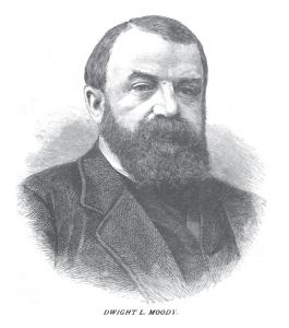 A pencil and charcoal portrait of Dwight L. Moody, showing a middle-aged man with close-cropped hair and a full beard and mustache. 