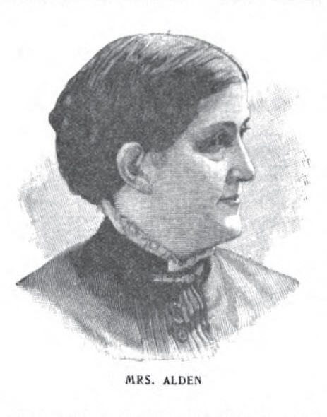 A black and white pencil and charcoal drawing of Isabella Alden in profile. Her hair is parted in the middle and shaped in a braided bun at the back of her head. She wears a high-collared dress or blouse with lace trim. She wears no jewelry. 
