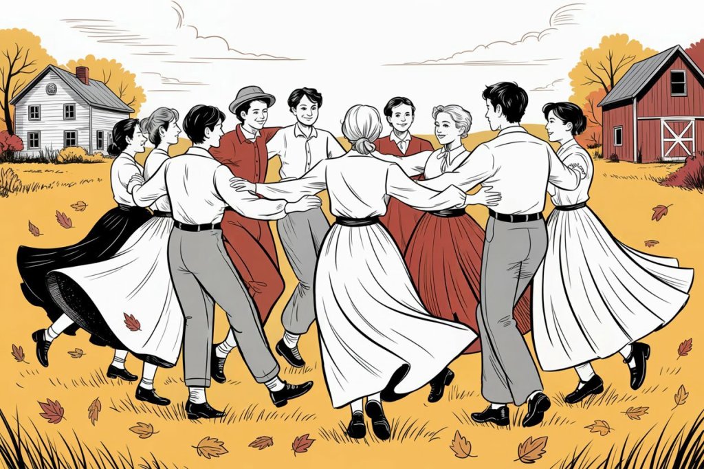 Pen drawing of a group of 10 men and women dressed in clothing from about 1900 and dancing in a circle. behind them is a white two-story house and a red barn set against the red, orange and gold colors of trees. Around the dancers some falling leaves are carried on the wind that also lifts the women's skirts slightly.. 