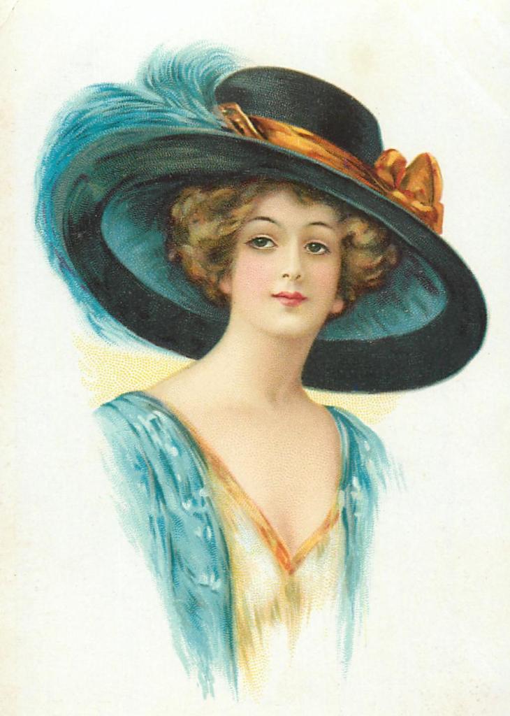 Color illustration of a woman wearing a wide brim bonnet about 14 to 18 inches deep. The bonnet is black but the lining is a brilliant blue. A wide orange-gold ribbon circles the crown of the hat and is tied with a large bow. On the opposite side of the crown feathers of the same brilliant blue are arranged in a cluster across the brim. 